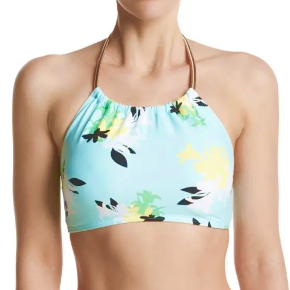 🌻NEW (w/tag) Vince Camuto Aqua Shade Floral Gold Chain Halter Bikini Top Size S